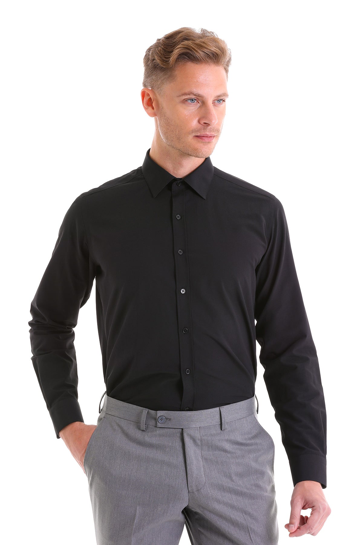 Slim Fit Black Cotton Blend Dress Shirt - MIB