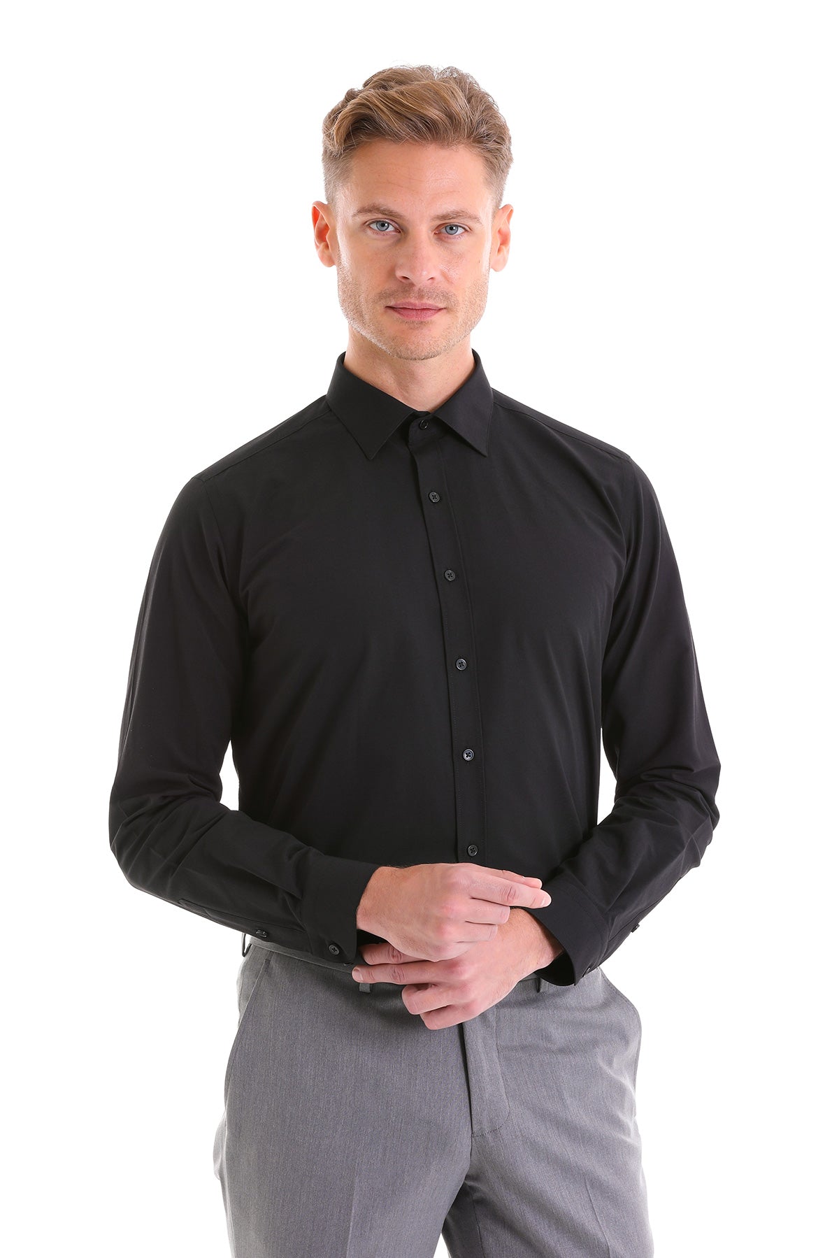 Slim Fit Black Cotton Blend Dress Shirt - MIB