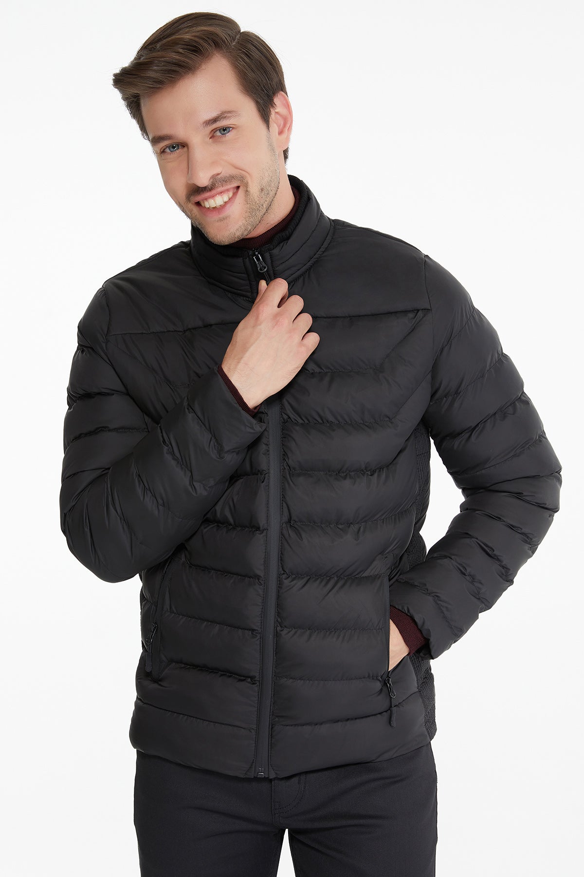 Slim Fit Black Padded Stand Collar Coat - SAYKI