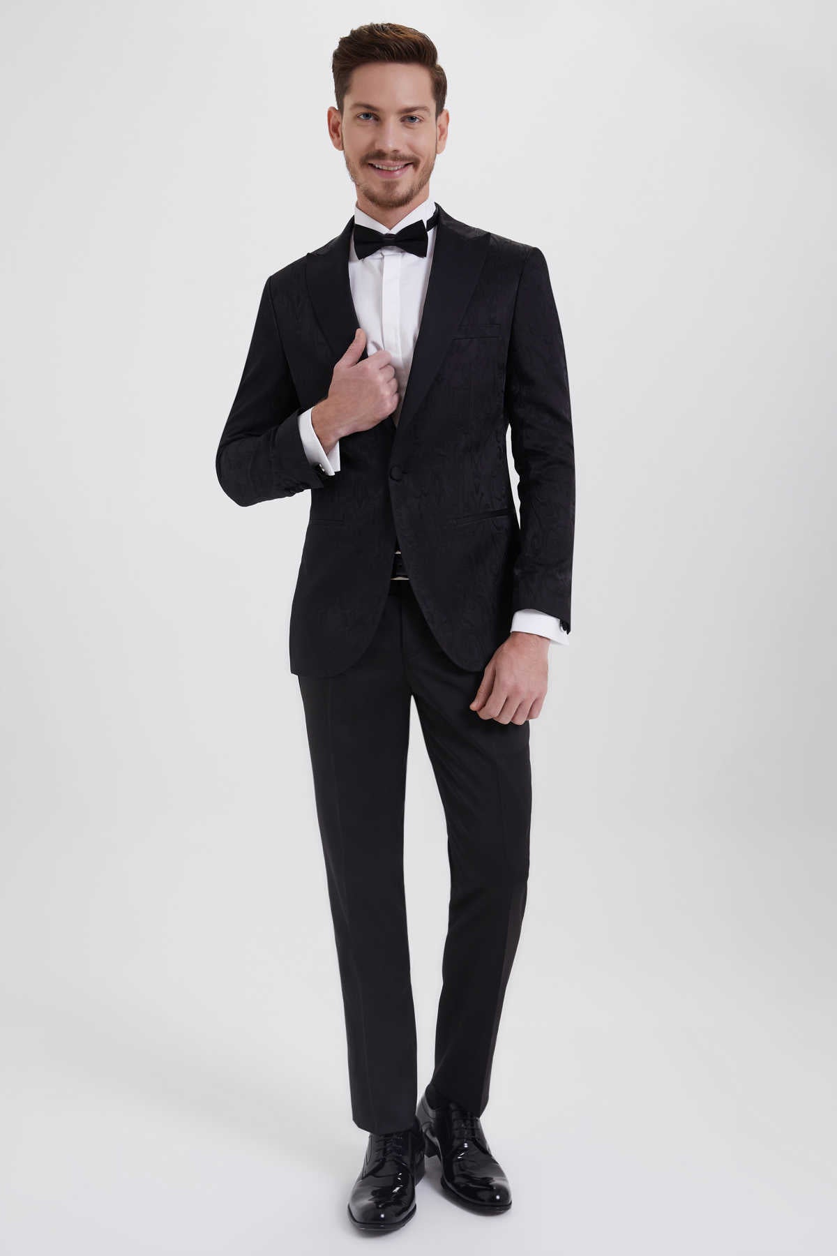 Slim Fit Black Peak Lapel Patterned Classic Tuxedo - MIB