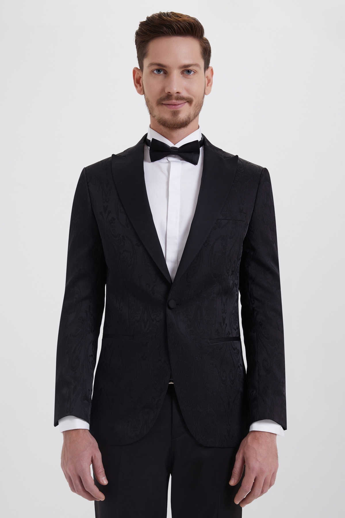 Slim Fit Black Peak Lapel Patterned Classic Tuxedo - MIB