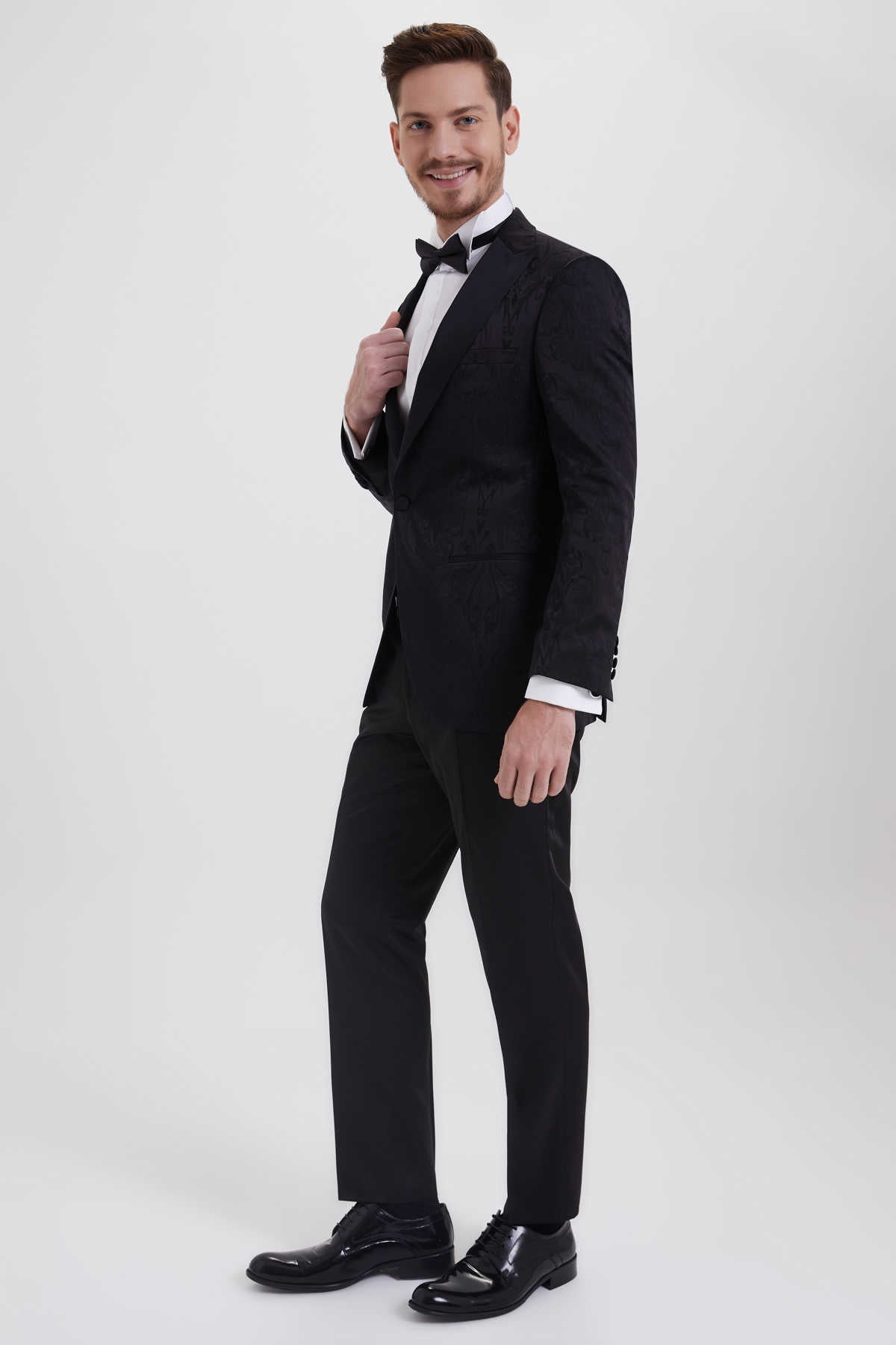 Slim Fit Black Peak Lapel Patterned Classic Tuxedo - MIB