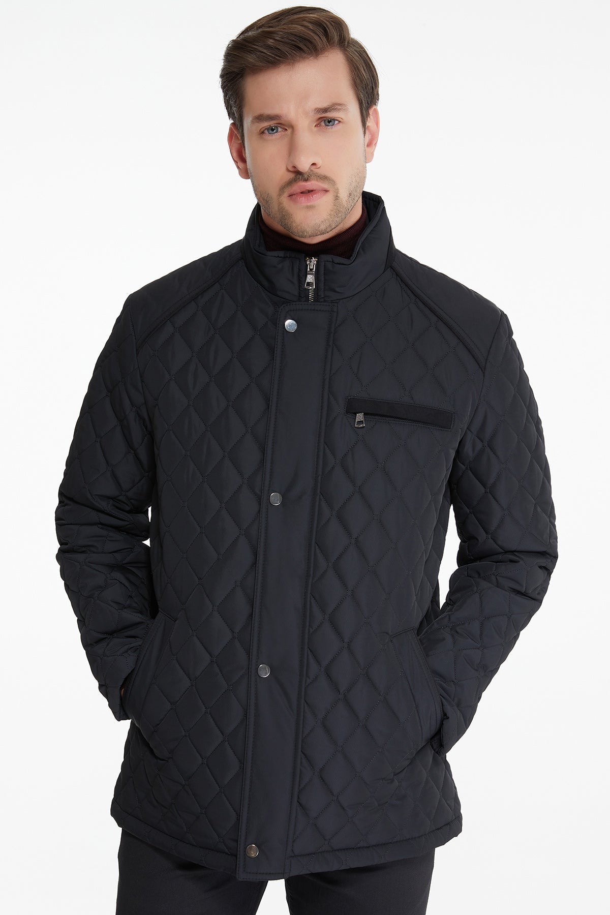 Slim Fit Black Quilted Full-Zip Stand Collar Coat - SAYKI