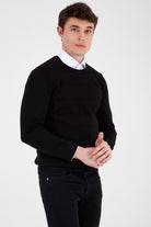 Slim Fit Black - Red Cotton Blend Crewneck Sweater - SAYKI