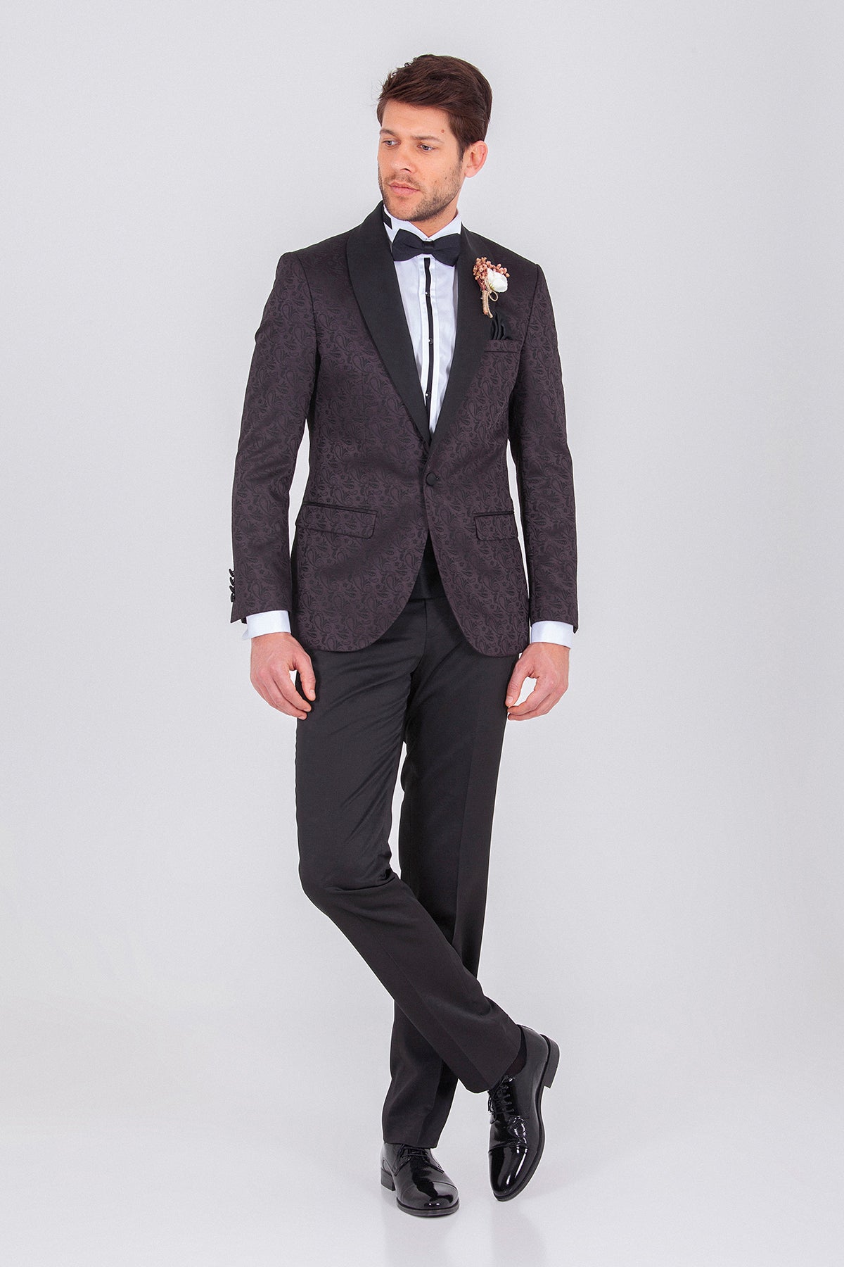 Slim Fit Black Release Shawl Lapel Patterned Classic Tuxedo