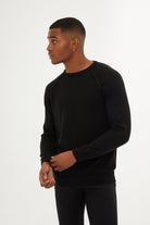 Slim Fit Black Waffle-Grid Cotton Blend Crewneck Sweater