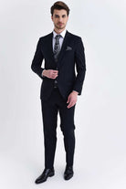 Slim Fit Black Wool Blend Classic Suit with Vest - MIB