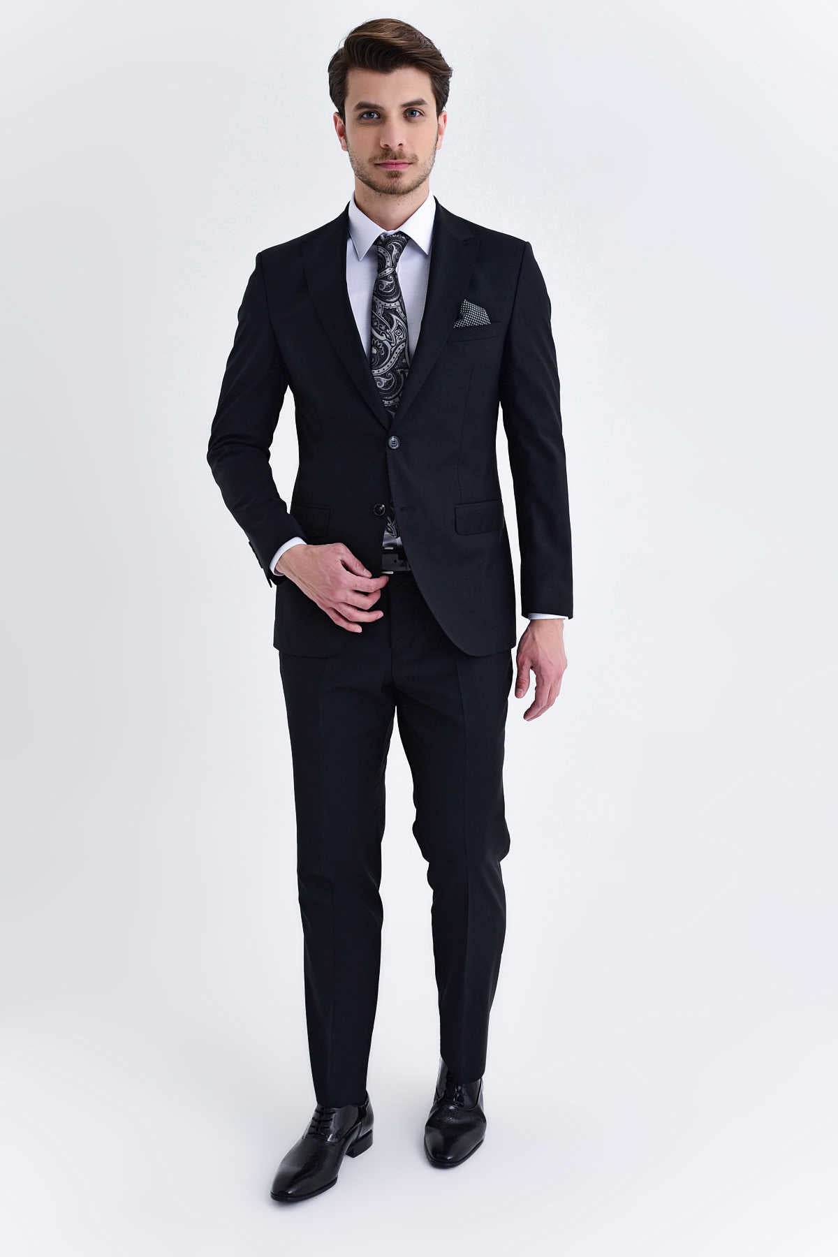 Slim Fit Black Wool Blend Classic Suit with Vest - MIB