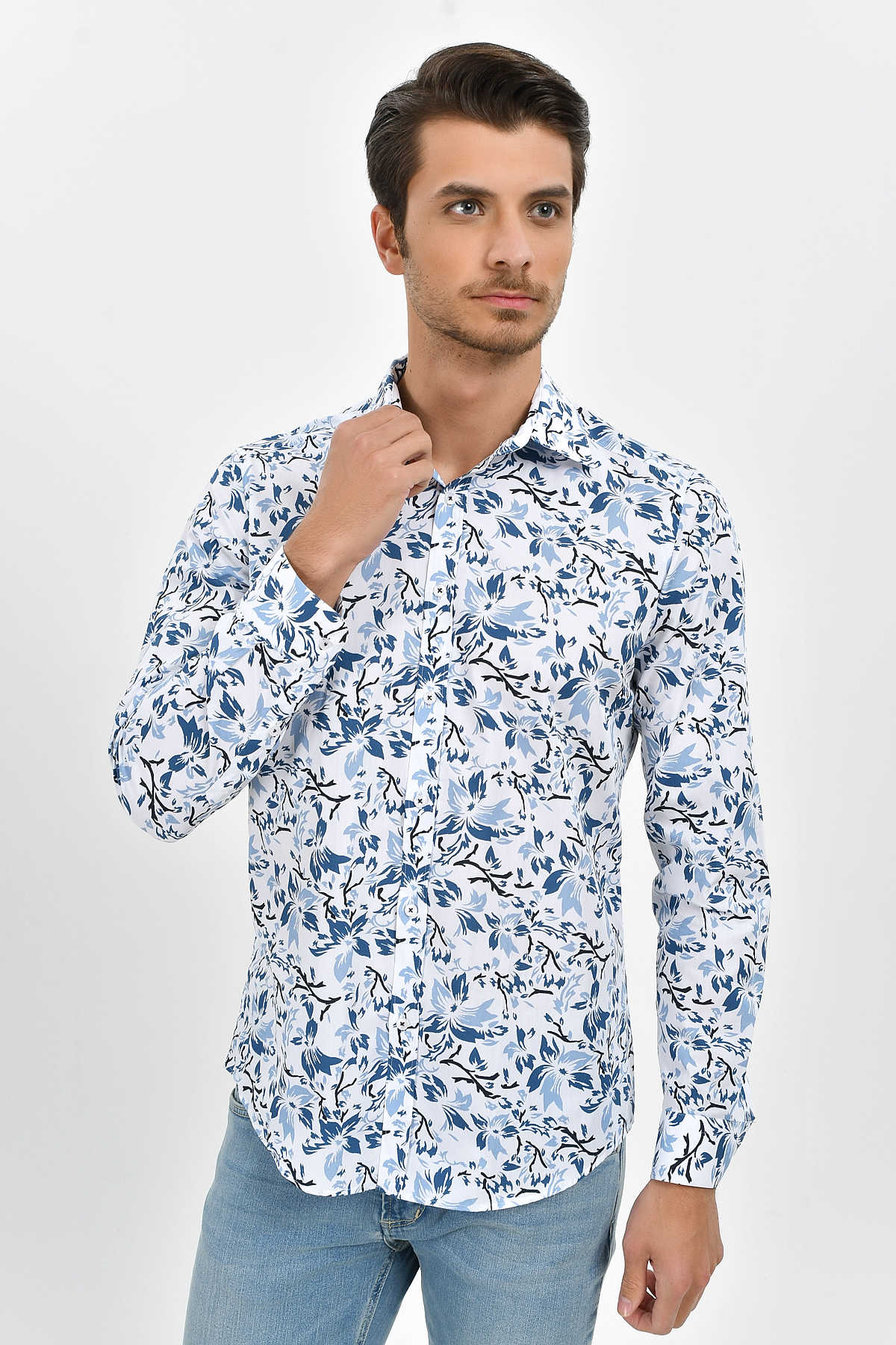 Slim Fit Blue Floral Printed Cotton Casual Shirt - MIB