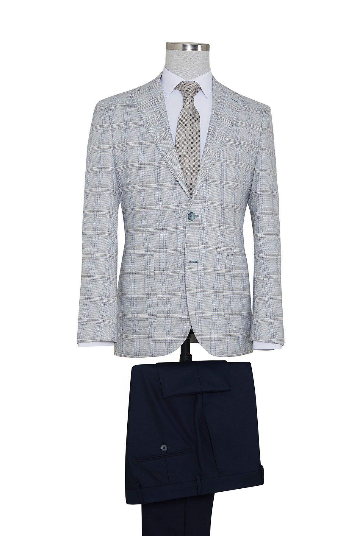 Slim Fit Blue Peak Lapel Plaid Casual Suit with Vest - MIB