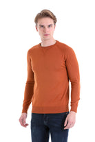 Slim Fit Brick Cotton Blend Crewneck Sweater - SAYKI