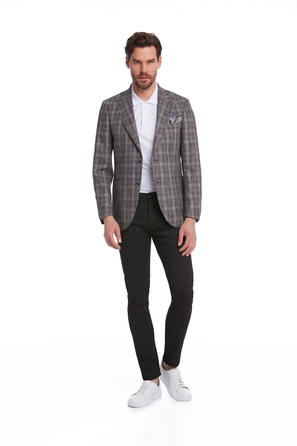 Slim Fit Brown Peak Lapel Plaid Linen Classic Blazer - SAYKI