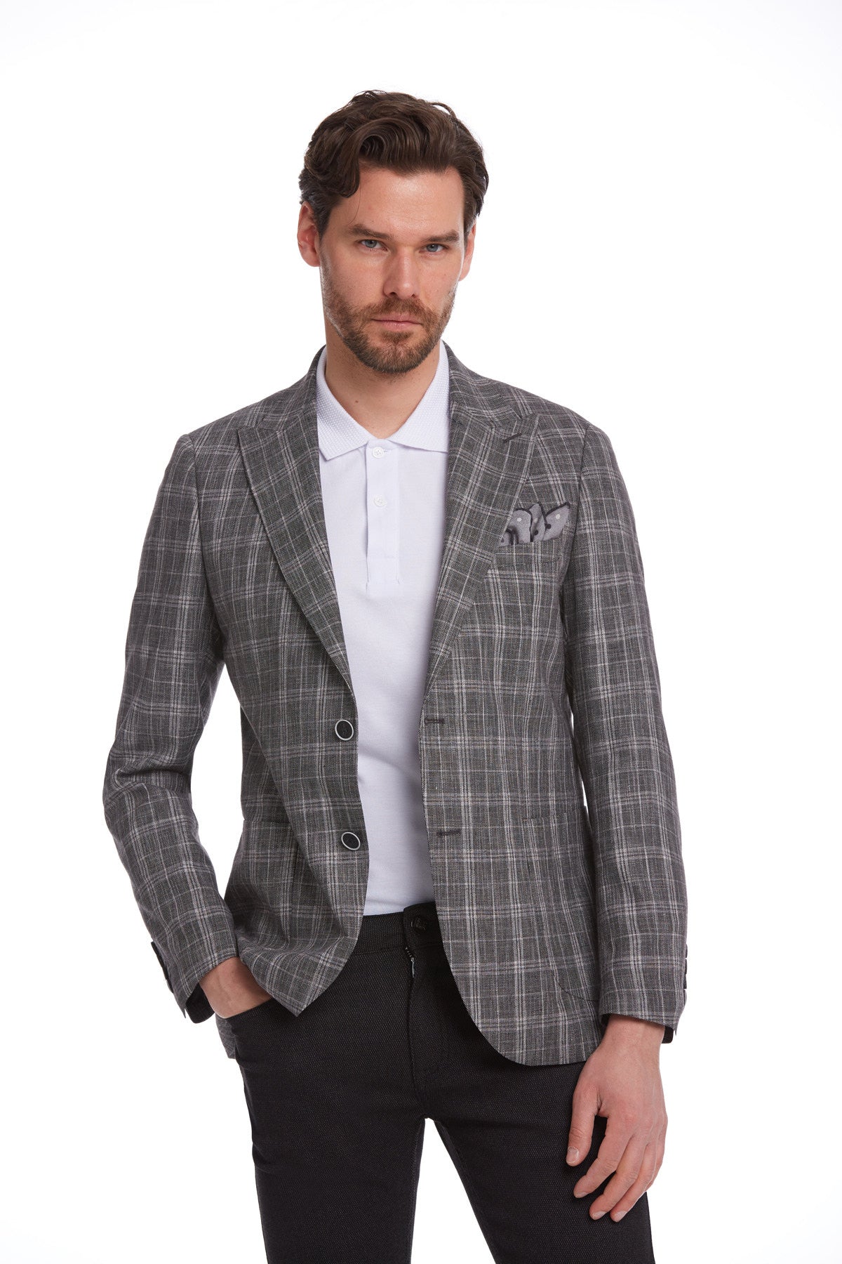 Slim Fit Brown Peak Lapel Plaid Linen Classic Blazer - SAYKI