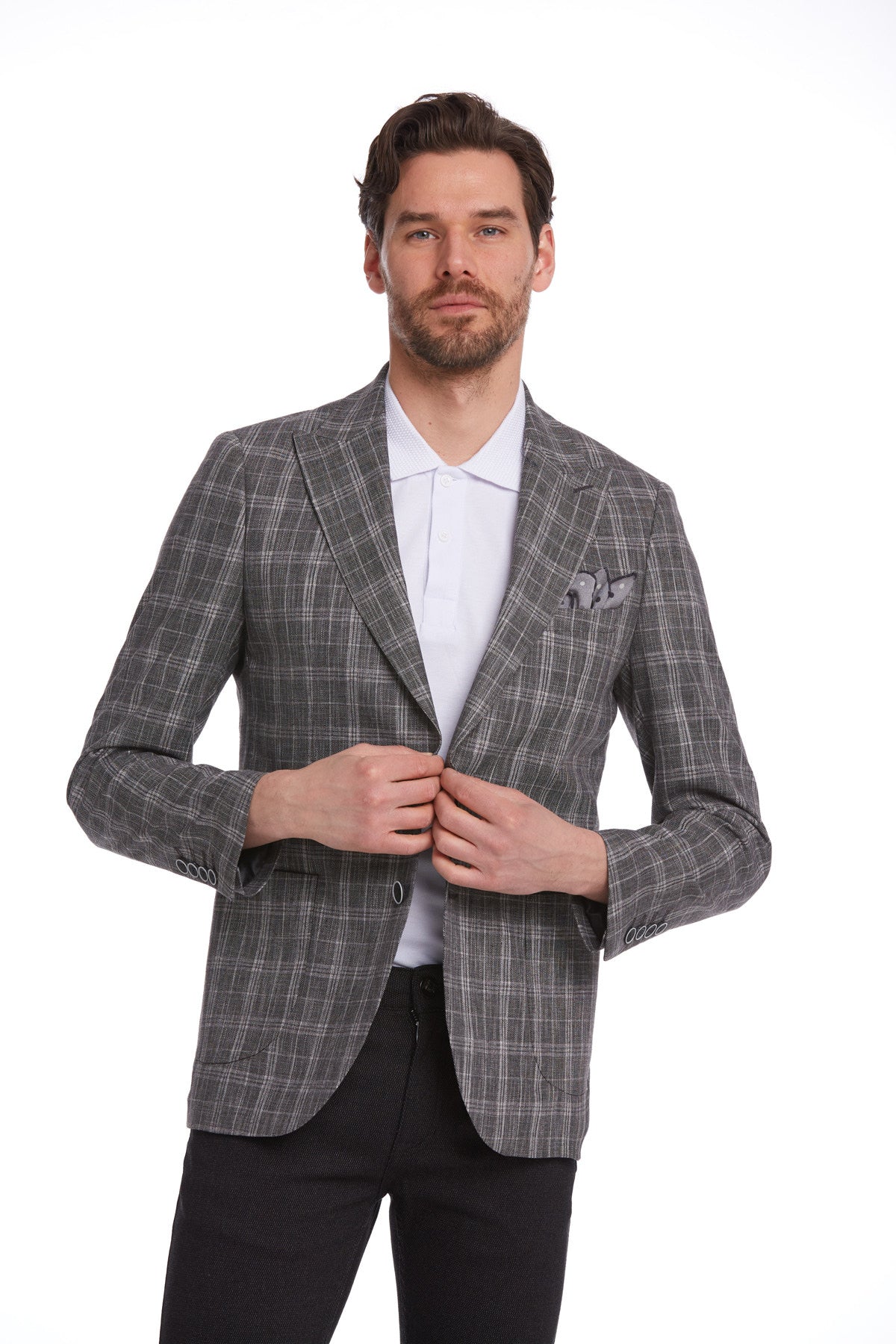 Slim Fit Brown Peak Lapel Plaid Linen Classic Blazer - SAYKI