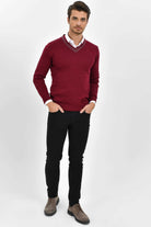 Slim Fit Burgundy Cotton Blend V-Neck Sweater - SAYKI