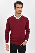 Slim Fit Burgundy Cotton Blend V-Neck Sweater - SAYKI