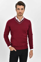 Slim Fit Burgundy Cotton Blend V-Neck Sweater - SAYKI