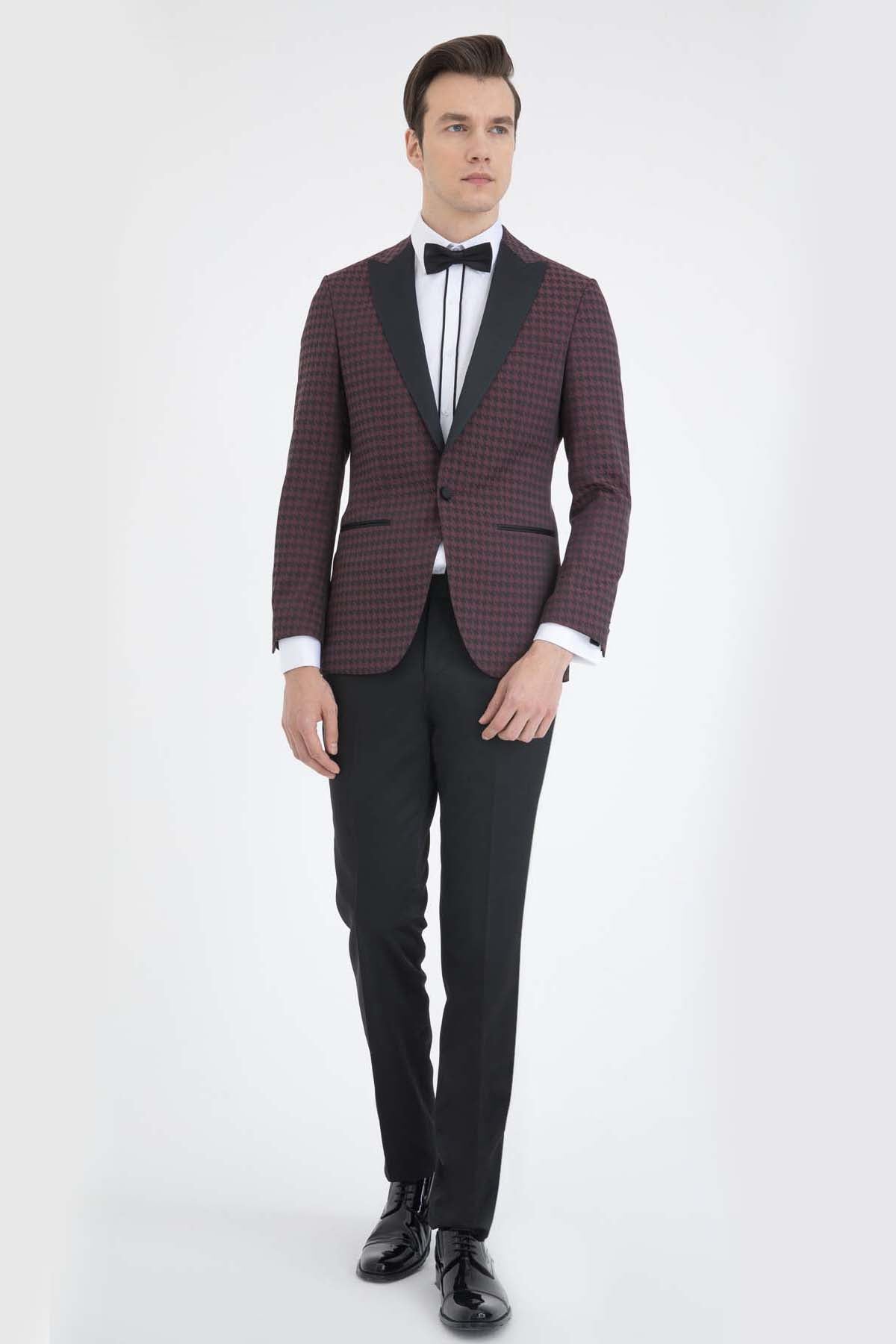 Slim Fit Burgundy Houndstooth Peak Lapel Classic Tuxedo