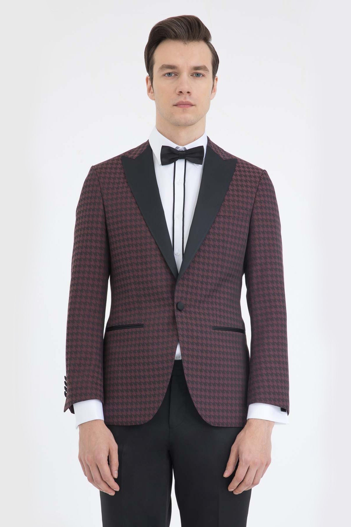 Slim Fit Burgundy Houndstooth Peak Lapel Classic Tuxedo