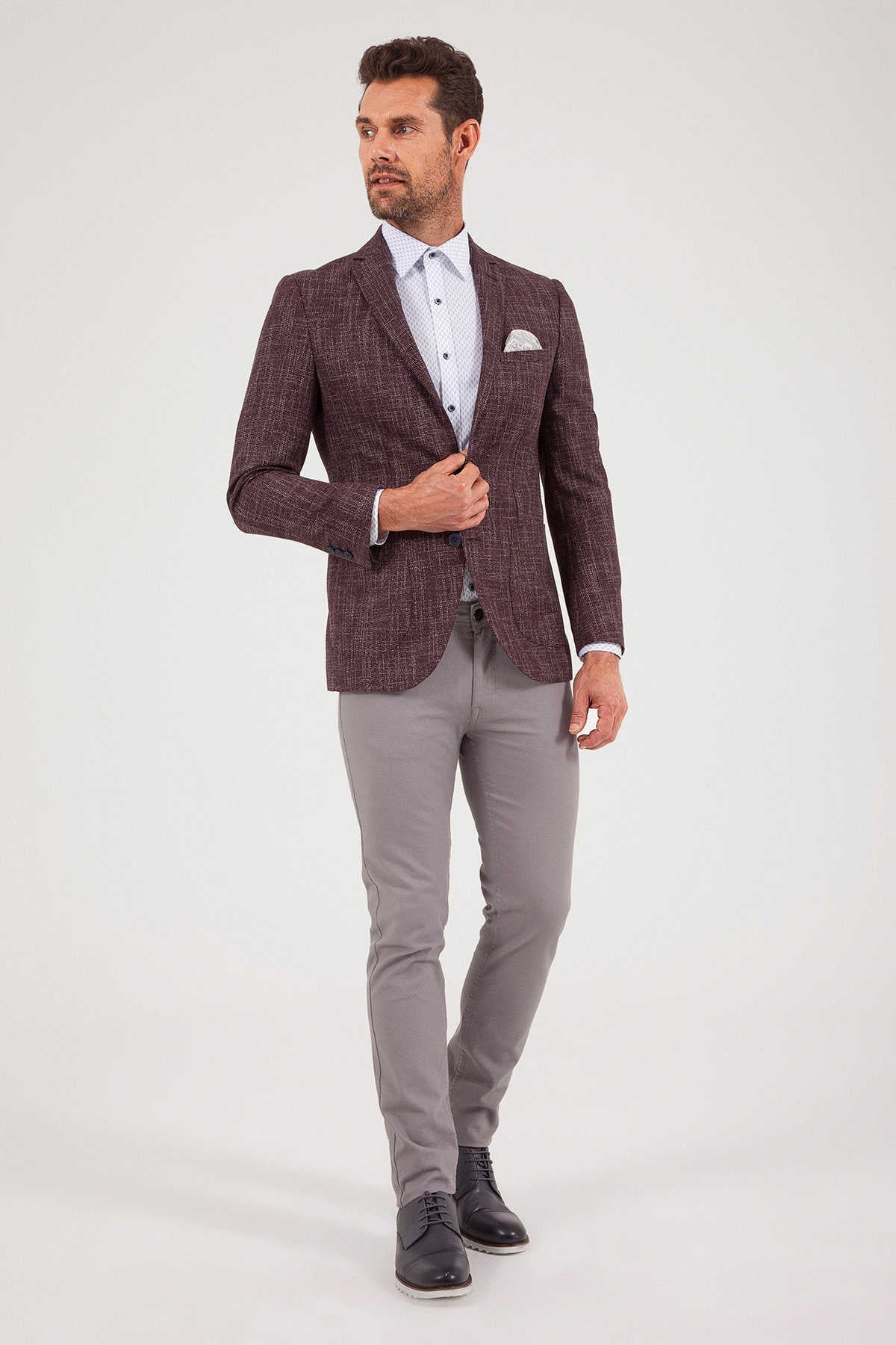 Slim Fit Burgundy Notch Lapel Casual Blazer - SAYKI