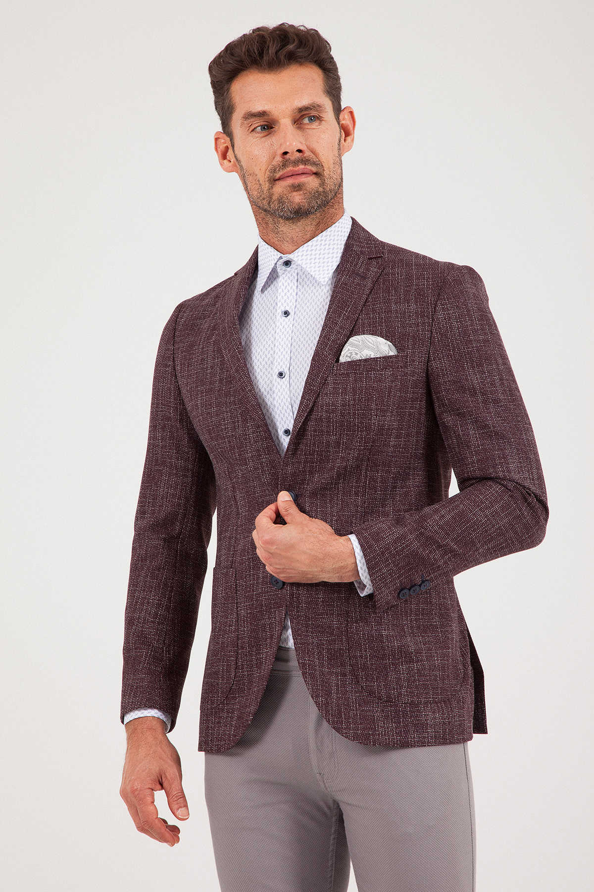 Slim Fit Burgundy Notch Lapel Casual Blazer - SAYKI