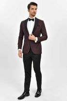 Slim Fit Burgundy Shawl Lapel Patterned Classic Tuxedo - MIB