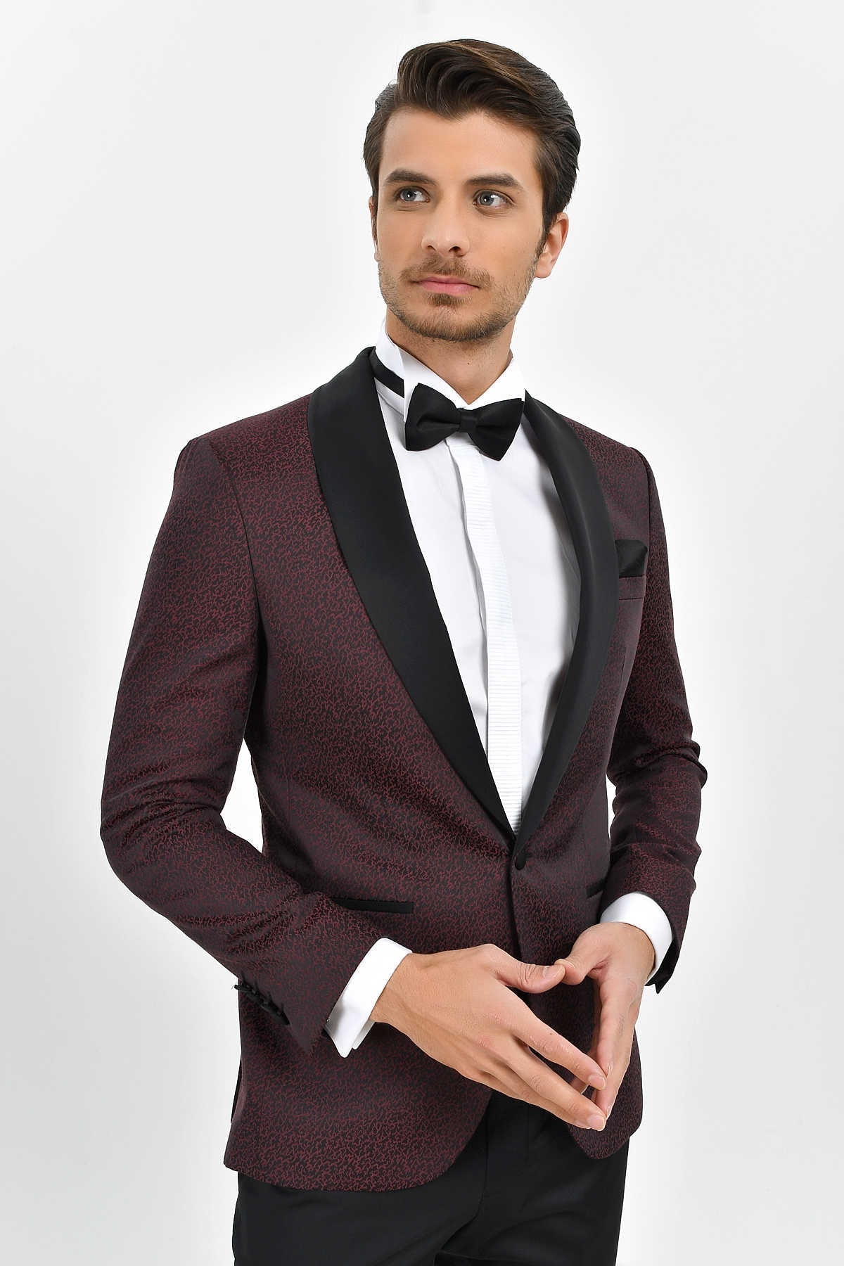 Slim Fit Burgundy Shawl Lapel Patterned Classic Tuxedo - MIB