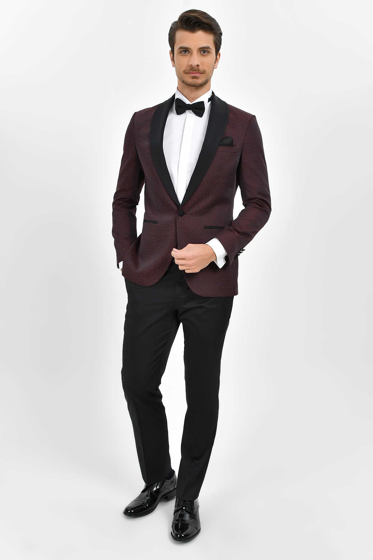 Slim Fit Burgundy Shawl Lapel Patterned Classic Tuxedo - MIB