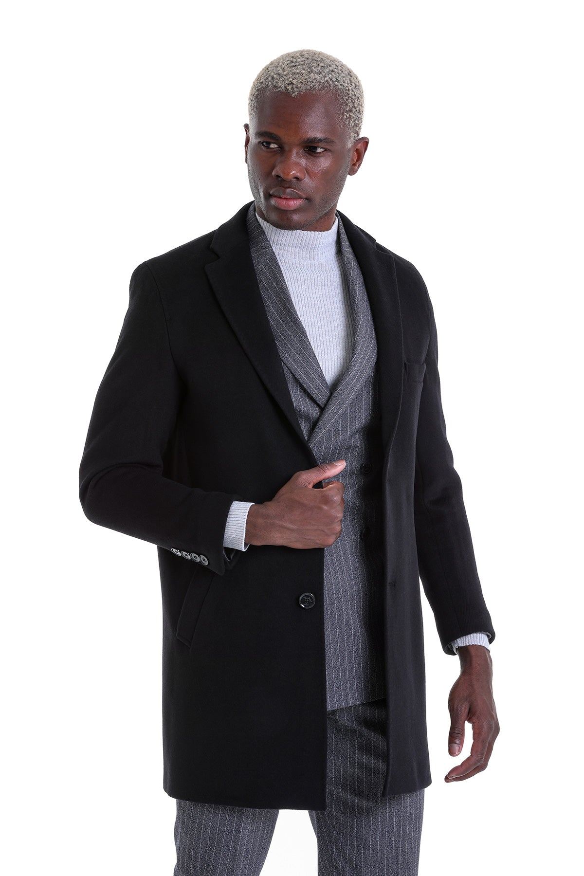 Slim Fit Cachet Black Wool Blend Overcoat - SAYKI