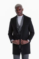 Slim Fit Cachet Black Wool Blend Overcoat - SAYKI