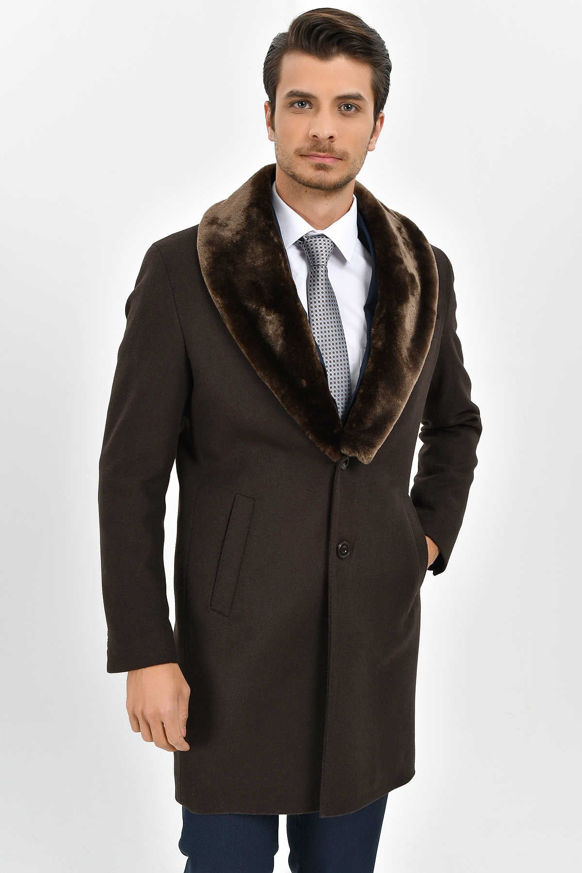 Slim Fit Cachet Brown Wool Blend Overcoat - MIB