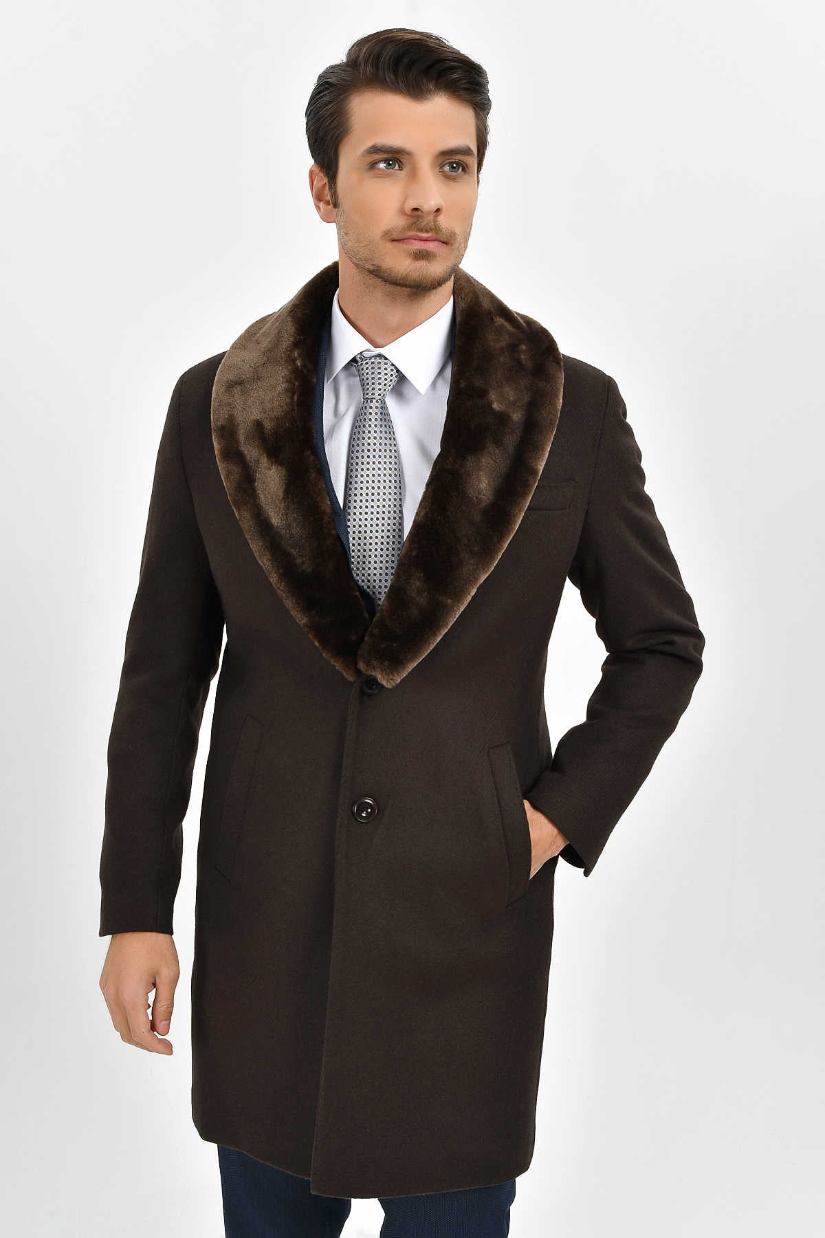 Slim Fit Cachet Brown Wool Blend Overcoat - MIB