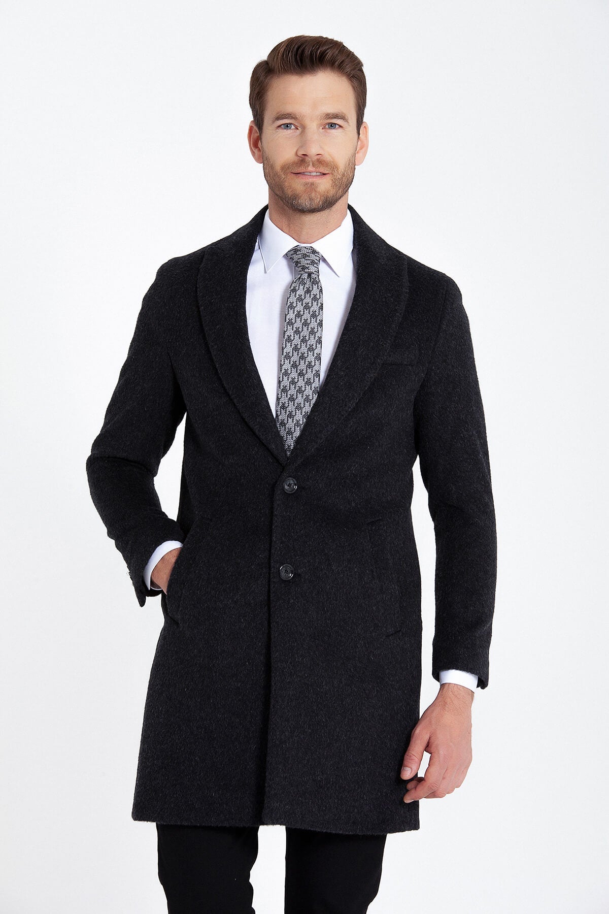 Slim Fit Cachet Charcoal Wool Blend Overcoat - MIB