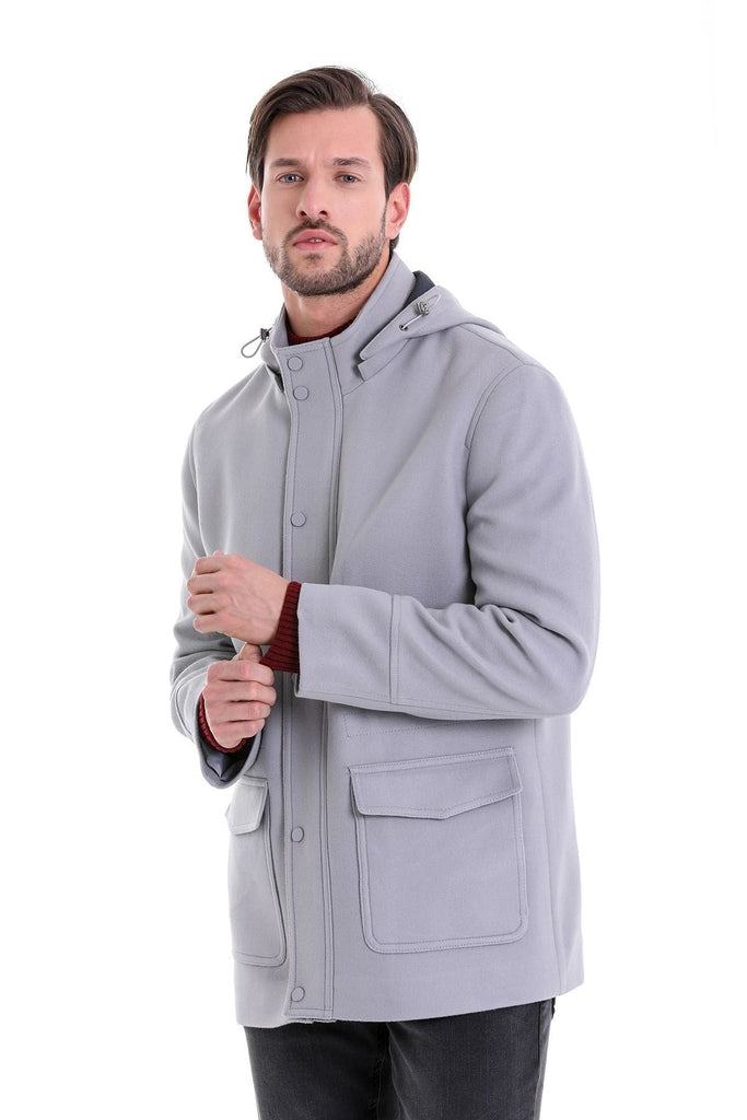 Slim Fit Cachet Cooper Stand Collar Hooded Polyester Coat