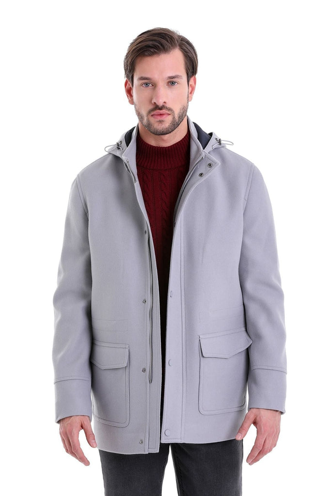 Slim Fit Cachet Cooper Stand Collar Hooded Polyester Coat