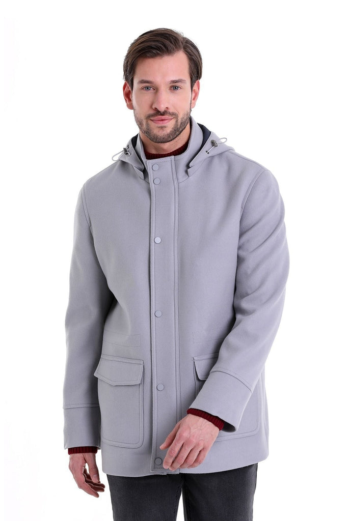 Slim Fit Cachet Cooper Stand Collar Hooded Polyester Coat