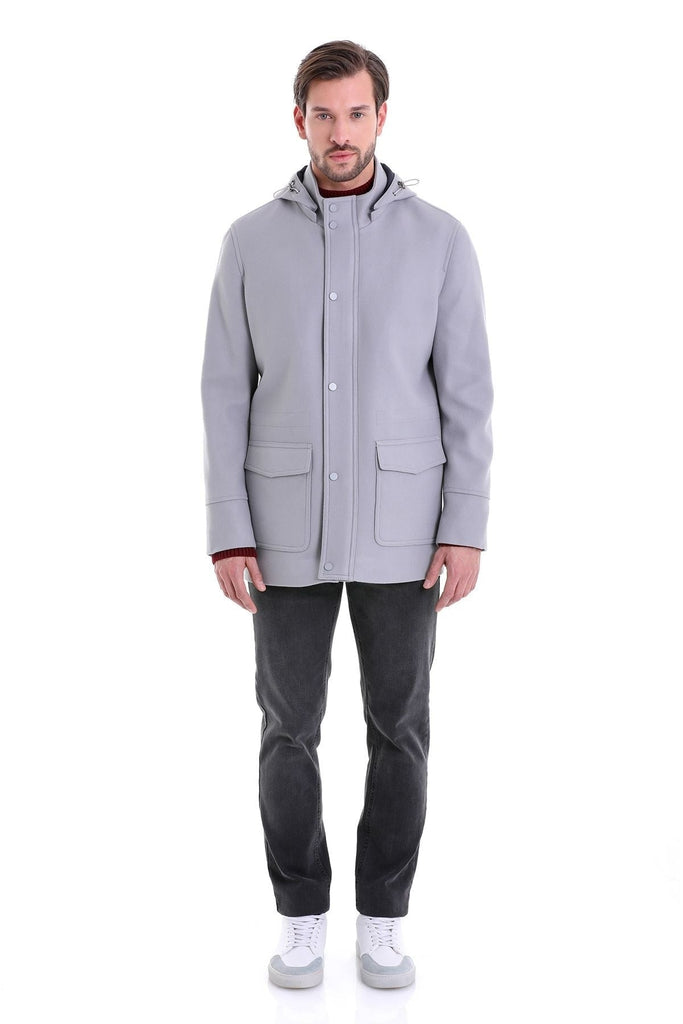 Slim Fit Cachet Cooper Stand Collar Hooded Polyester Coat