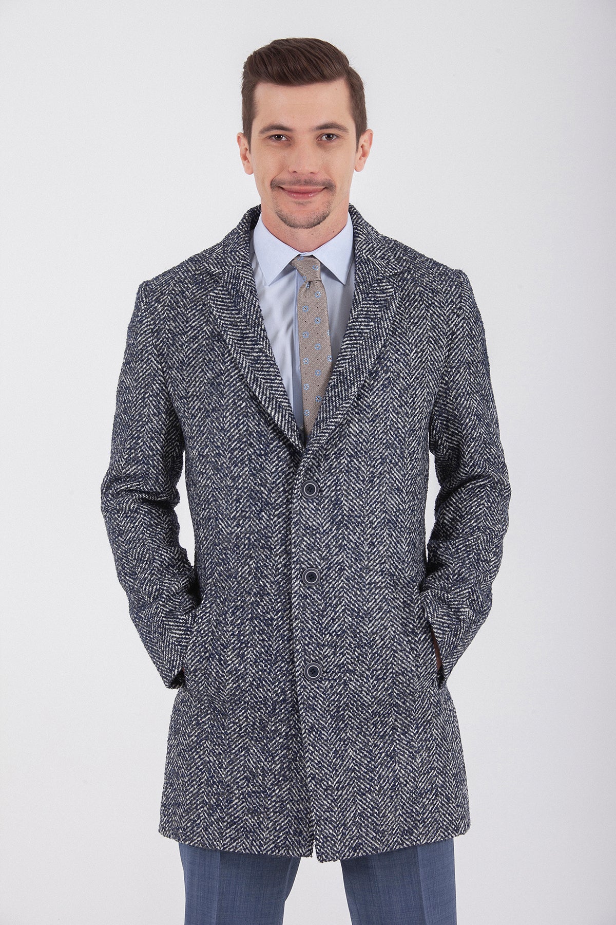 Slim Fit Cachet Denver Notch Lapel Wool Blend Navy Overcoat