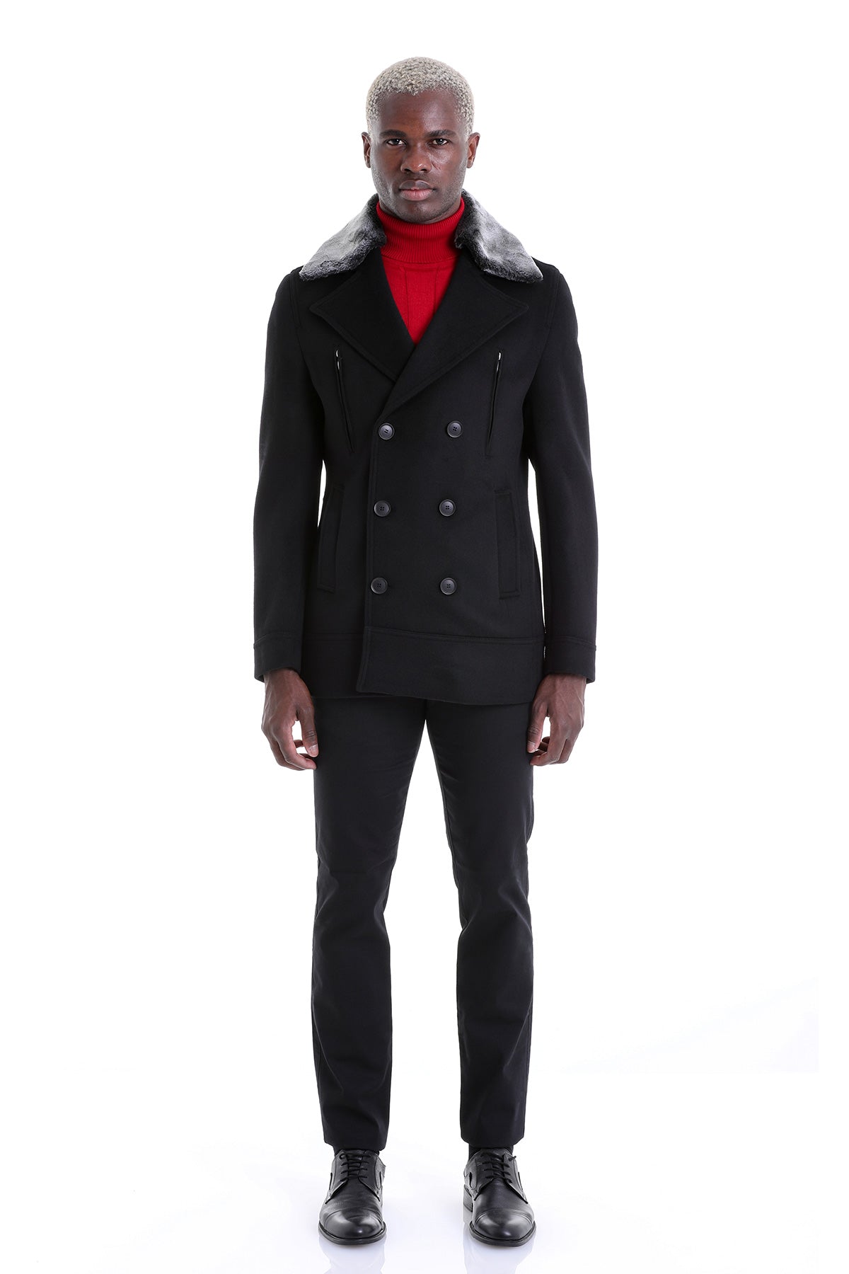 Slim Fit Cachet Double Breasted Black Wool Blend Coat