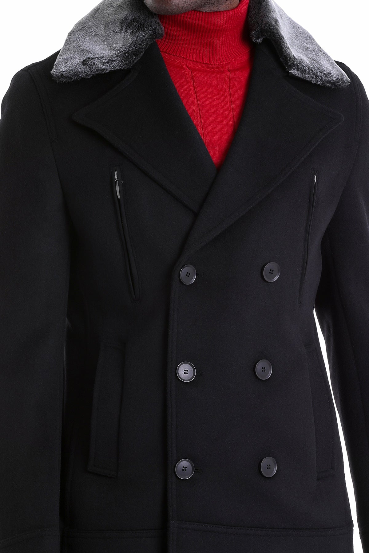 Slim Fit Cachet Double Breasted Black Wool Blend Coat