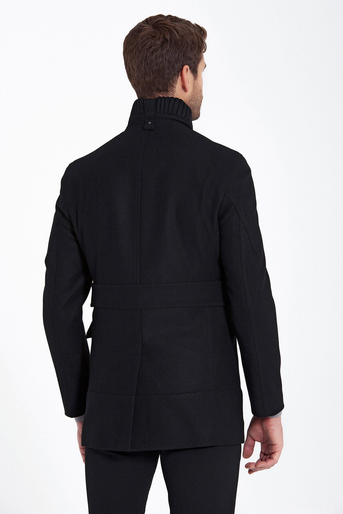 Slim Fit Cachet Double Breasted Black Wool Blend Overcoat