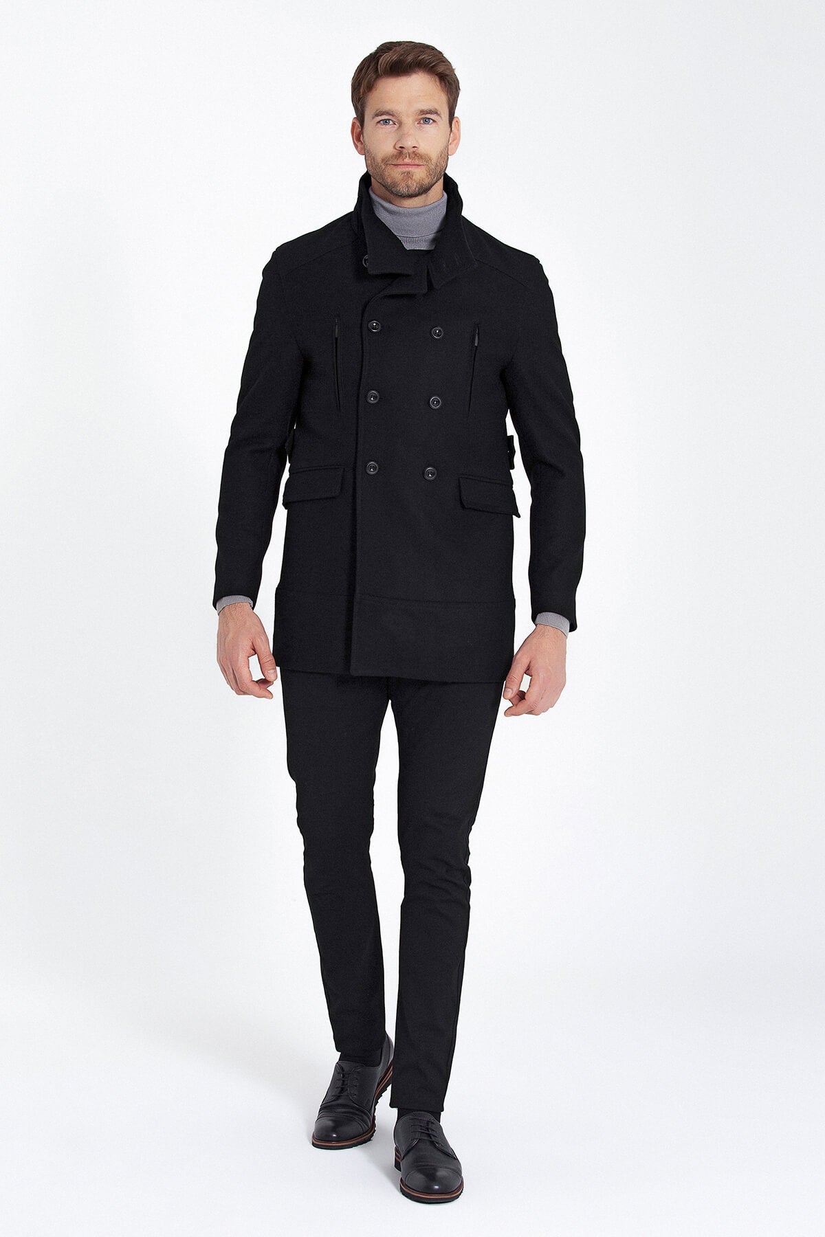 Slim Fit Cachet Double Breasted Black Wool Blend Overcoat