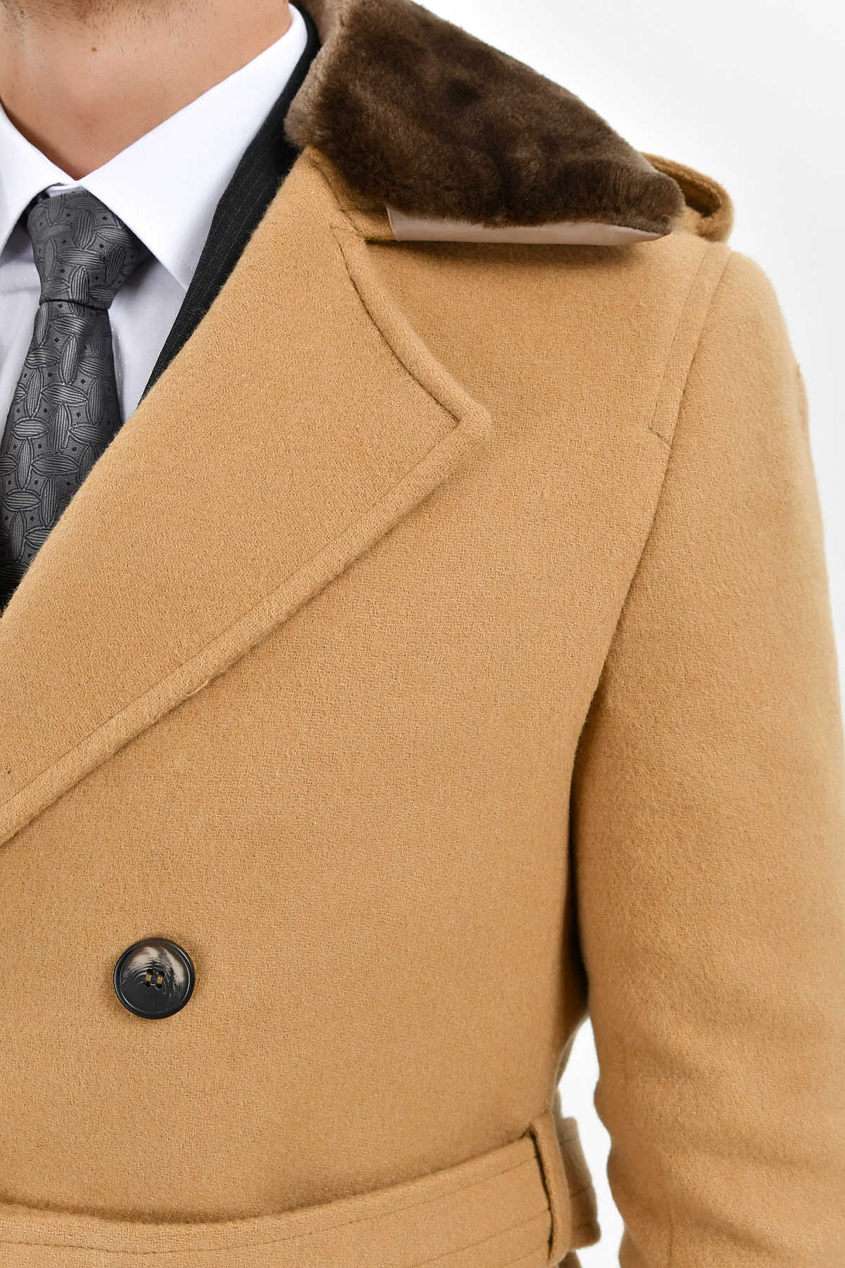 Slim Fit Cachet Double Breasted Camel Wool Blend Overcoat