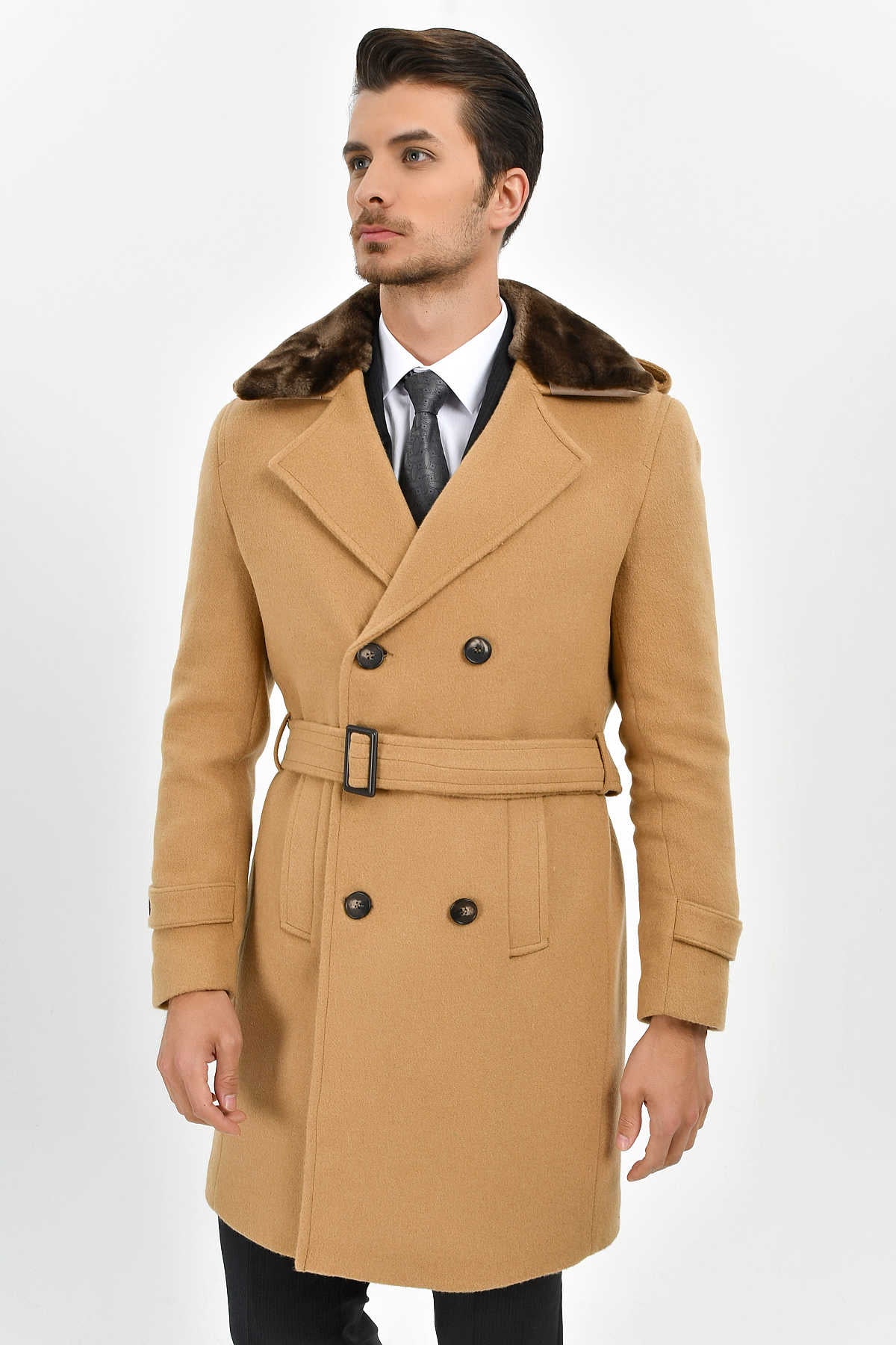 Slim Fit Cachet Double Breasted Camel Wool Blend Overcoat