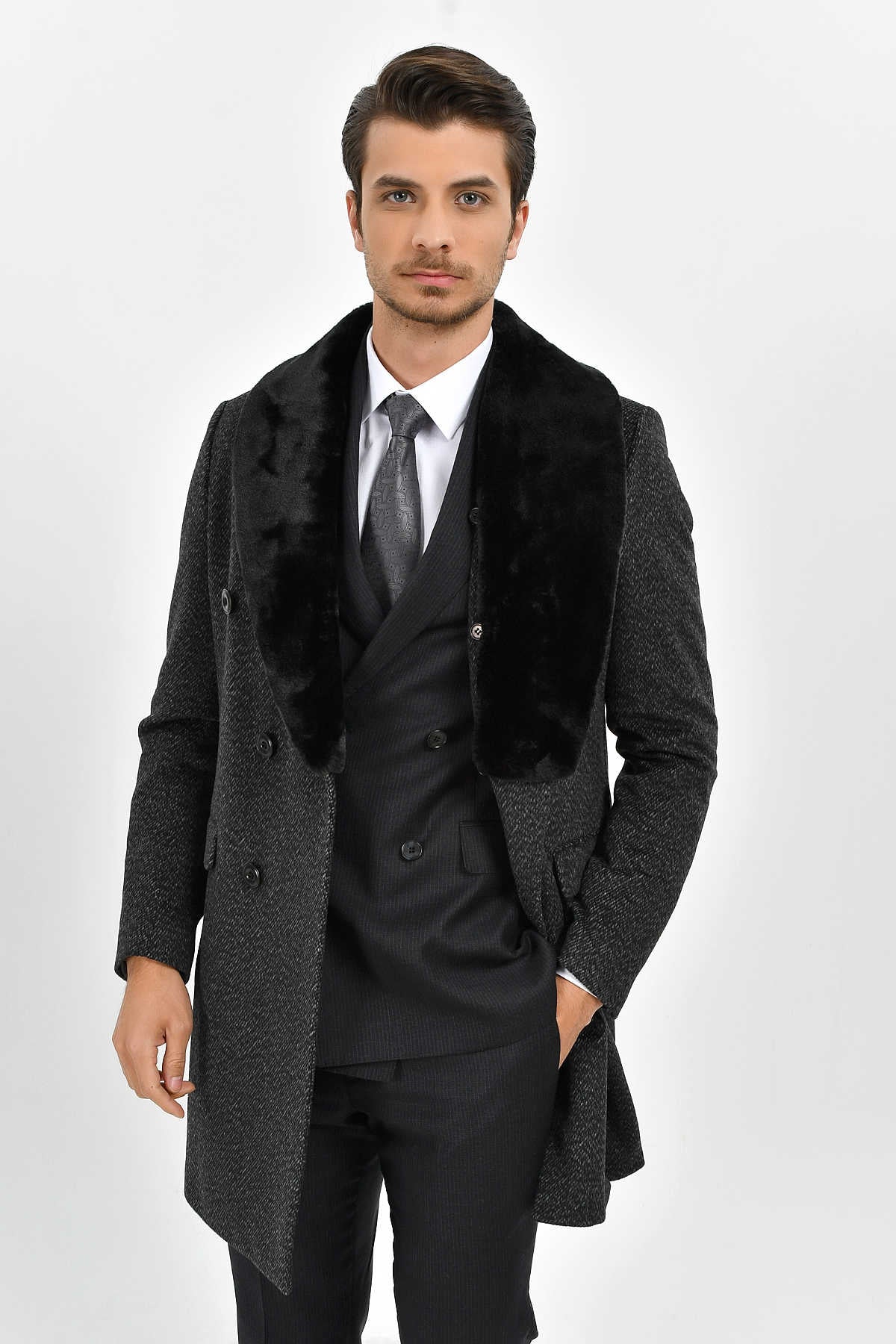 Slim Fit Cachet Double Breasted Charcoal Wool Blend