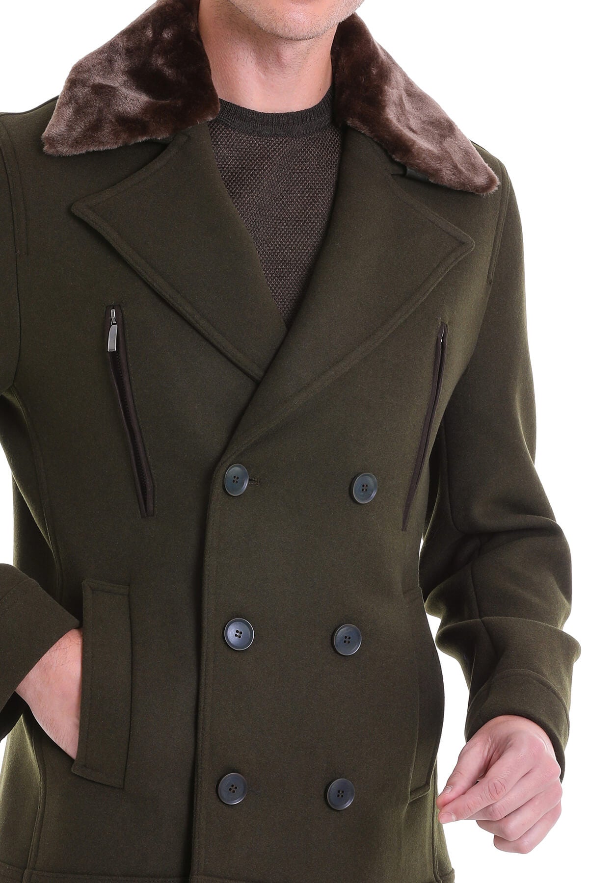 Slim Fit Cachet Double Breasted Khaki Wool Blend Coat