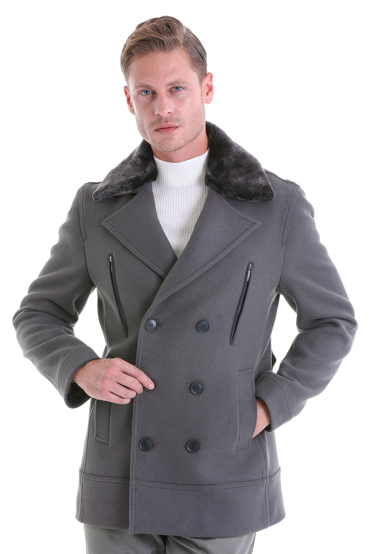 Slim Fit Cachet Double Breasted Mold Green Wool Blend Coat