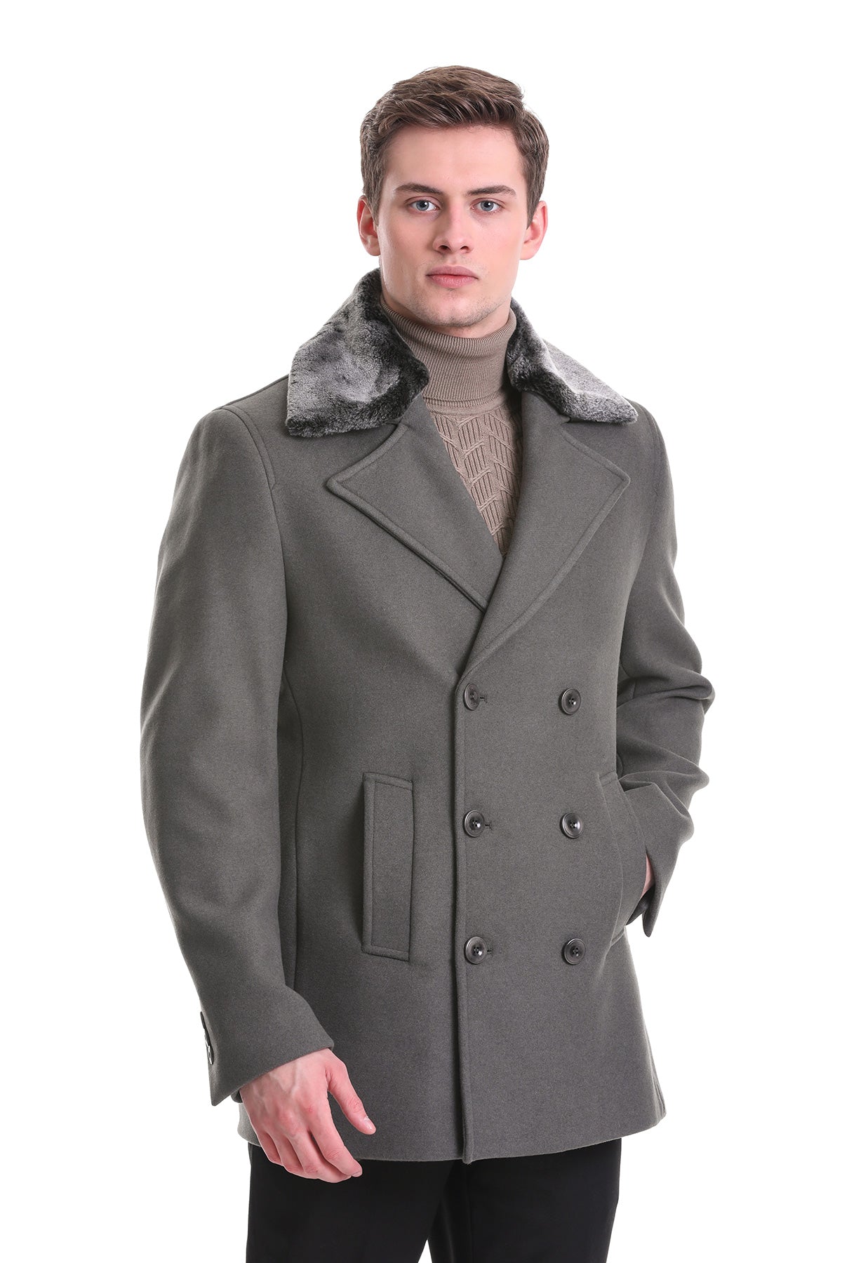 Slim Fit Cachet Double Breasted Musty Gray Wool Blend Coat