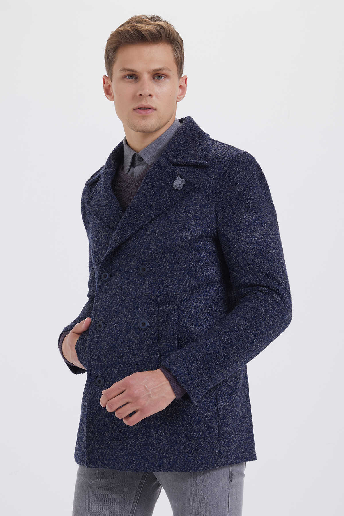 Slim Fit Cachet Double Breasted Navy D. Wool Blend Coat