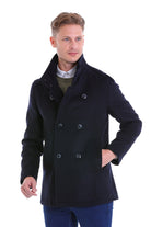 Slim Fit Cachet Double Breasted Navy Wool Blend Coat - SAYKI